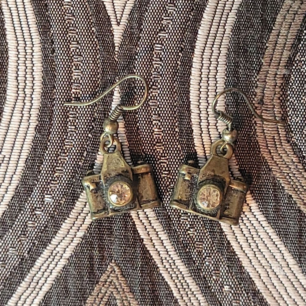 Brass Vintage Camera Earrings with Crystal Accents